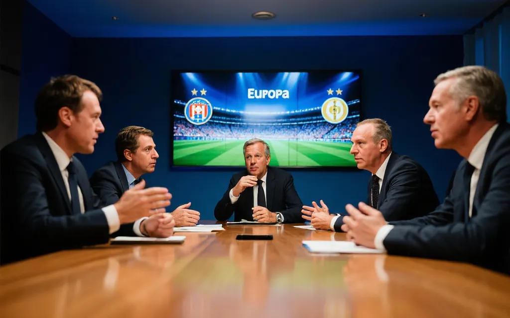 足球俱乐部代表在谈判桌前交流